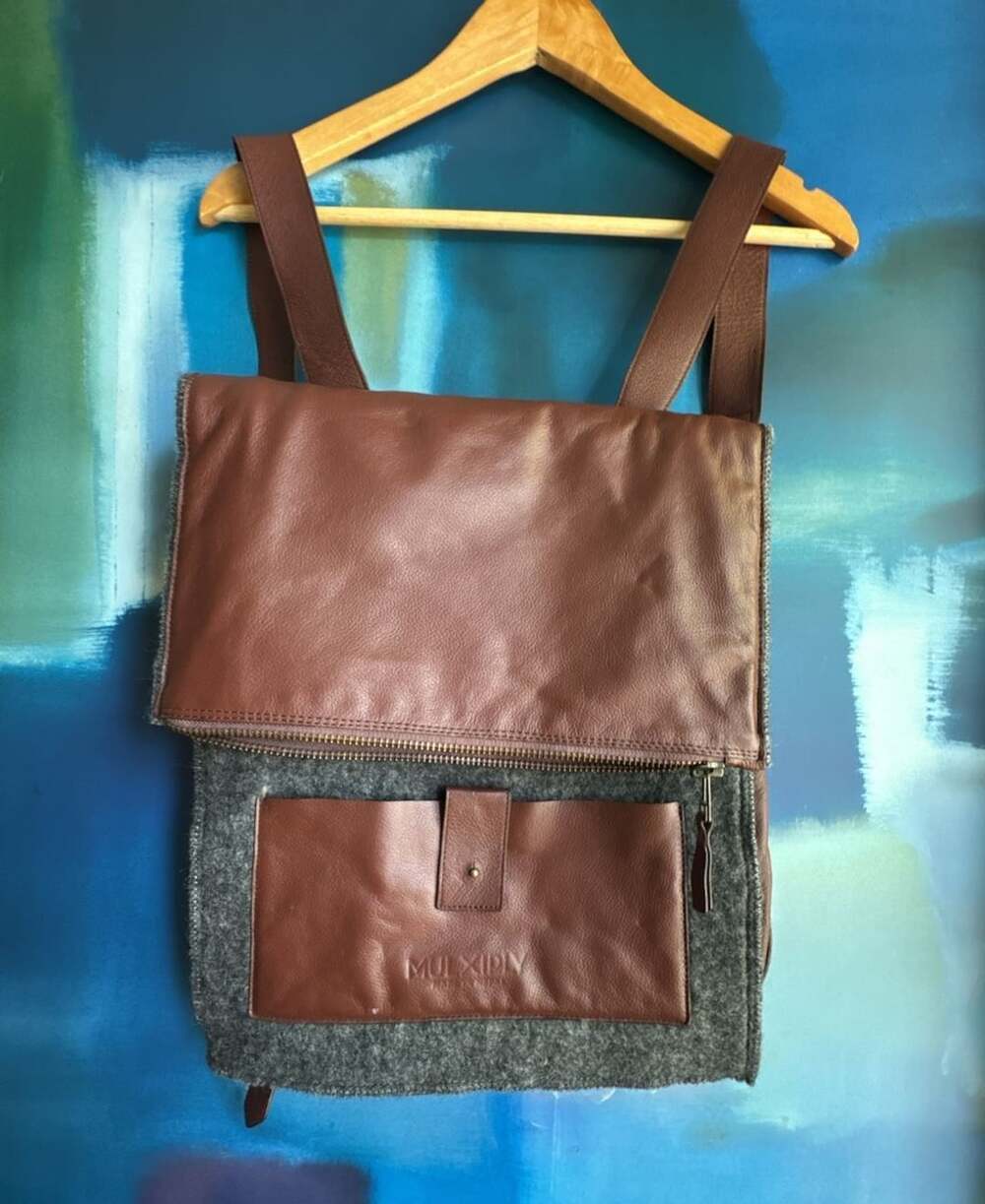 MULXIPLY Leather and Wool Felt Convertible Backpack Brown Grey